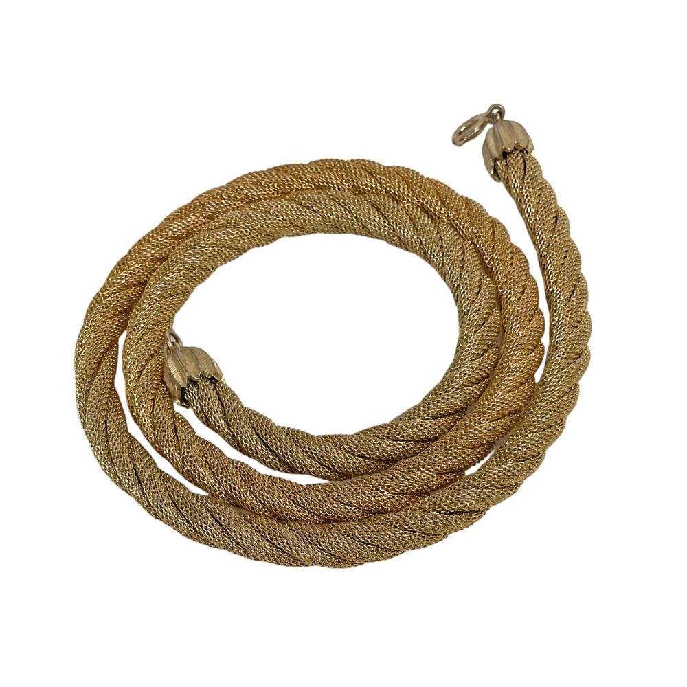 1960s Crown Trifari Gold Plate Single Strand Long Rope Mesh Torsade Necklace